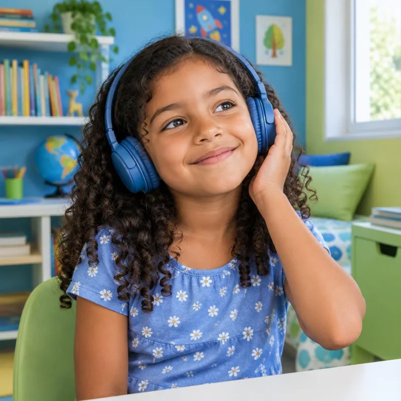 Criança feliz ouvindo música com fones de ouvido